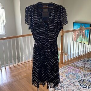Black with white polkadots and capped sleeves, sheer dress, totally lined, 20.